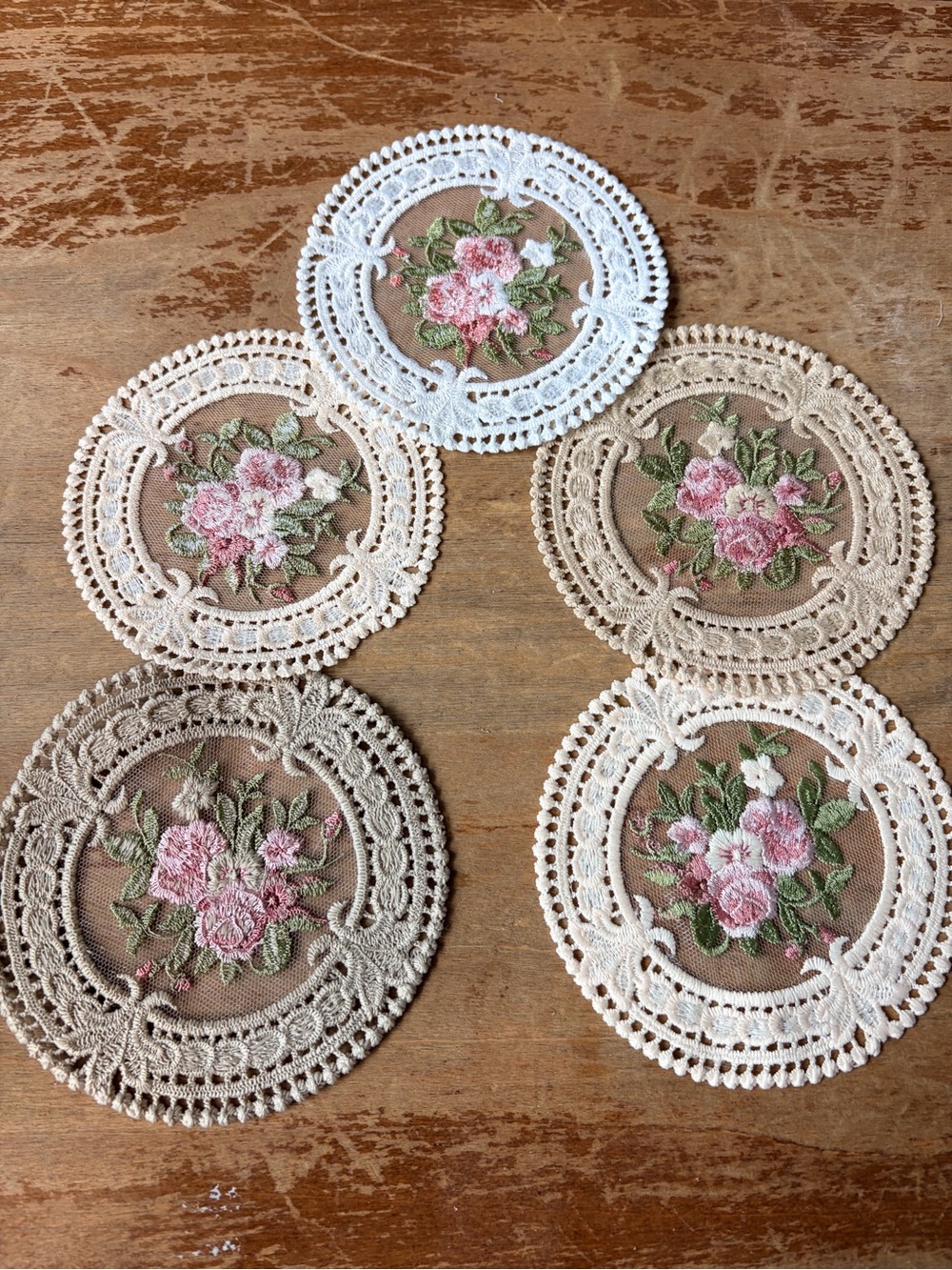 Vintage Floral Embroidered Lace Coasters Doilies Set of 5 Cottagecore